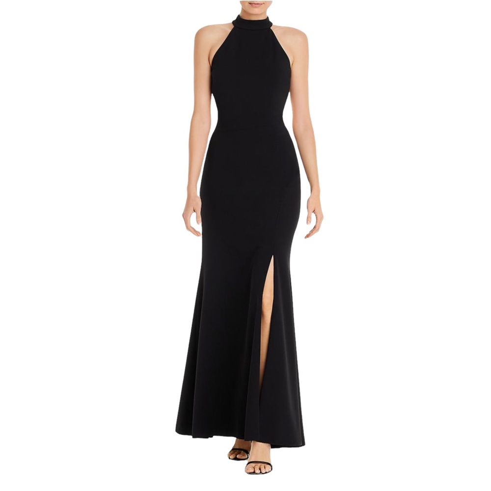 AQUA Open Back Halter Black Formal High Neck Thigh High Slit Gown Size 14